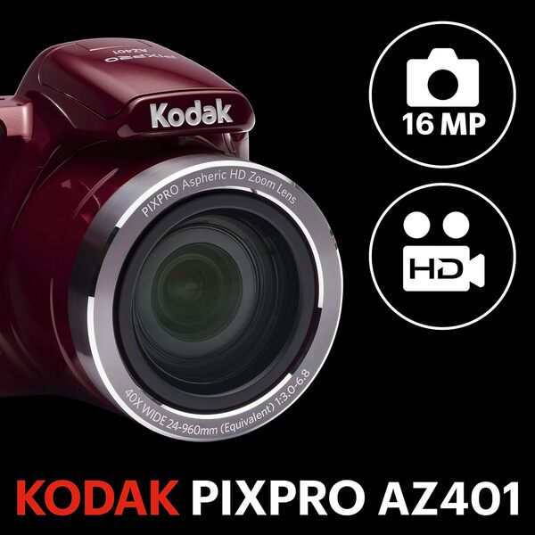KODAK Pixpro AZ401 - Appareil Photo Bridge Numérique 16 Mpixels, Enregistrement Vidéo, Grand Angle 24 mm, Ecran LCD 7,6 cm, Panorama 180° - Rouge