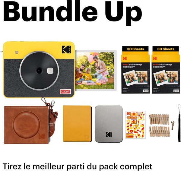 KODAK Mini Shot 3 Retro 4Pass Appareil Photo Instantané et Imprimante Photo Portable 7,6x7,6 cm + Paquet Cadeau avec 68 feuilles, Jaune