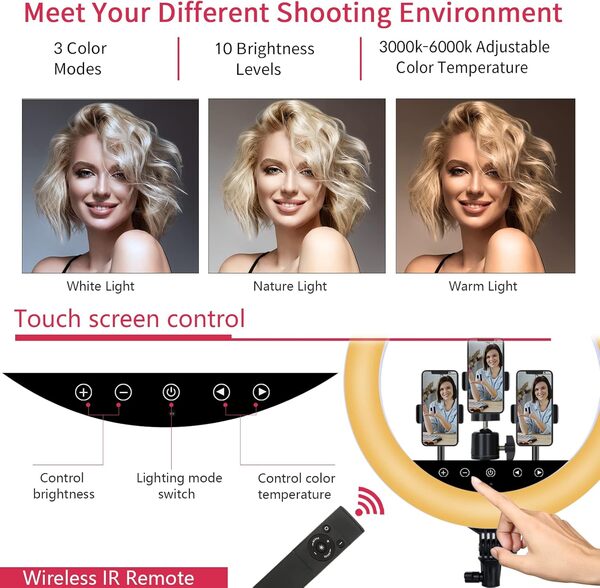 Anneau lumineux LED amélioré de 45.7 cm avec trépied, Anneau Lumineux pour Selfie avec écran Tactile pour Maquillage Studio Portrait Youtube Vlog vidéo avec télécommande, CRI 90