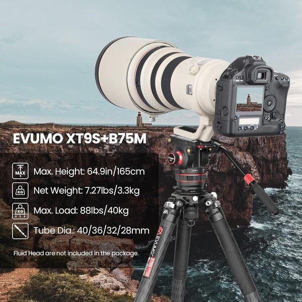 EVUMO Trepied Camera Carbone 165cm, 10x Carbone Trepied Appareil Photo Avec Stabilisateur Magnétique 75mm, Trépied Appareil Photo Phoot Pour DSLR Voyage, Spikes Acier Inoxydable Amovible, Portant 40kg