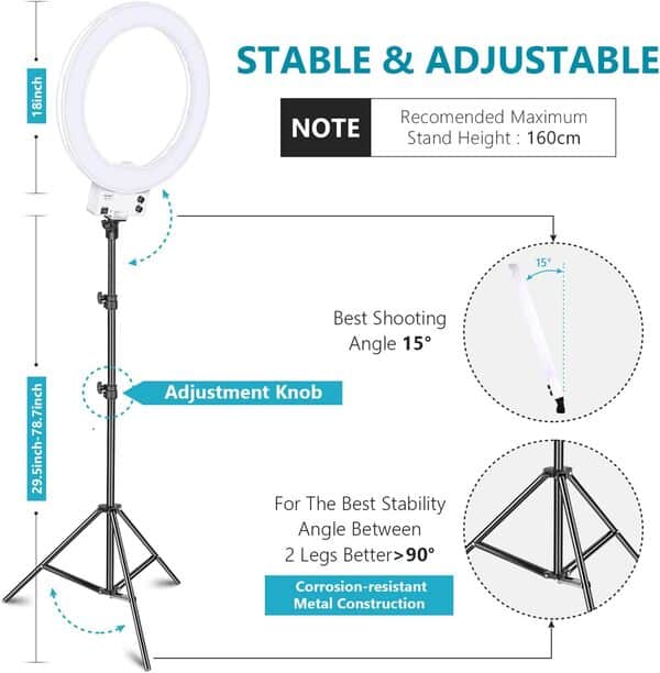 Neewer Ring Light 48cm LED Lumière Anneau Blanche 42W 3200-5600K, avec Pied, Sabot, Porte-Smartphone pour Maquillage, Vidéo Youtube par Appareil Photo/Smartphone