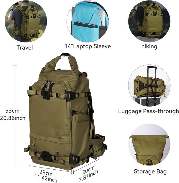Sac à dos pour appareil photo 50 l avec housse de pluie pour photographes - Compartiment pour ordinateur portable de 16