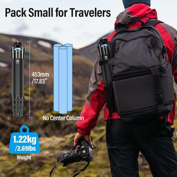 SIRUI AM-284 Trépied de Voyage Professionnel en Fibre de Carbone pour Appareil Photo 4 Sections avec vis Amovibles en Acier Inoxydable, Charge jusqu'à 15 kg