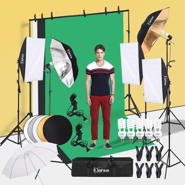 Alightup Kit d'Éclairage Photo Studio 5-en-1 avec Système de Support Réglable - 3 Softbox, Ombrelles, Réflecteur, Toiles de Fond et Sac de Transport pour Portraits