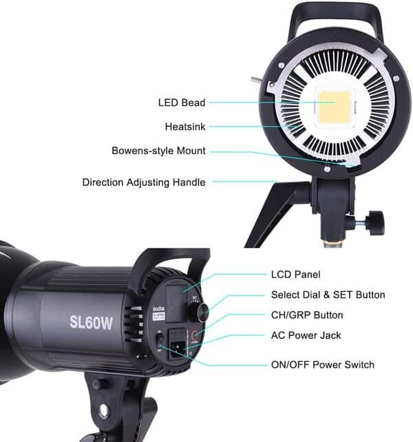 Godox SL-60W 5600K 60W LED Haute Puissance Torche Vidéo sans Fil avec Bowens Mount pour Photo Studio Photographie Video Recording