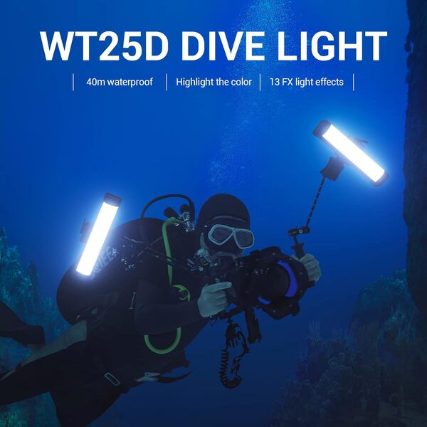 Godox WT25D Lampe de Plongée sous-Marine 25CM, 13 FX Effet de Lumière, 5600K±300K, Contrôle APP, IP68 Lampe Vidéo LED Imperméable, Luminosité Réglable, pour Photographie sous-Marine de 40 Mètres