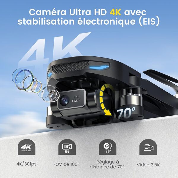 DEERC D65 Drone Caméra 4K, Stabilisation 2 Axes + EIS, GPS avec Flux Optique, Transmission 800m, Moteur Sans Balais, 26min Autonomie, Retour Intelligent, Pour Adultes Débutants,249g,C0