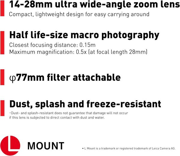 Panasonic Lumix S 14-28mm F4-5.6 | Objectif Grand Angle Plein Format S-R1428E (Ultra Grand Angle 14mm, Paysages, Vidéo, Tropicalisé, Compact et léger) Noir – Compatible Monture L