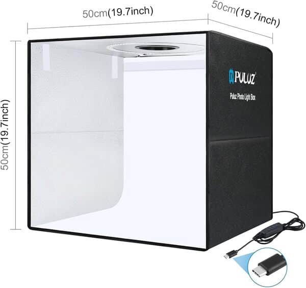 PULUZ Boîte à lumière pour studio photo - 50 x 50 cm - Portable - Pliable - Avec 160 perles lumineuses LED + 12 fonds de couleur + bloc d'alimentation pour photographie