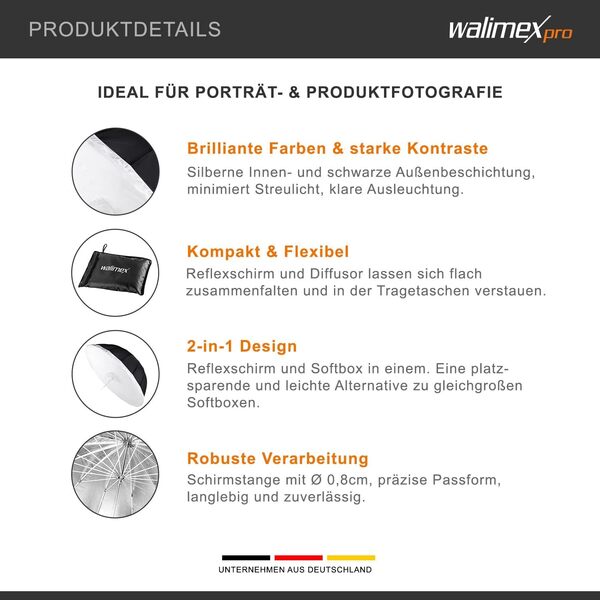 Walimex Reflex Umbrella Set Ø180cm - Design 2 en 1 pour des résultats professionnels : Parapluie Reflex et parapluie softbox en un, compact et polyvalent pour les déplacements