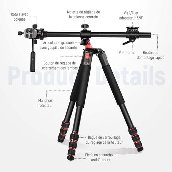 NEEWER TP27 Trépied Horizontal Multi-Angle avec rotule et axe Central en Aluminium, pivotement à 360°, Inclinaison à 180° pour Les Prises de Vue au-Dessus de la tête/Macro, Charge maximale 22 LB