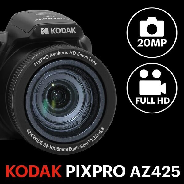 KODAK Pixpro Astro Zoom AZ425 - Appareil Photo Numérique Bridge, Zoom Optique 42X, Grand Angle de 24 mm, 20 Mégapixels, LCD 3, Vidéo Full HD 1080p, Batterie Li-ion - Noir