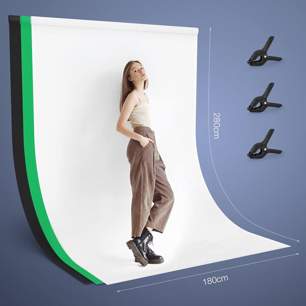 OMBAR Kit Studio Photo et éclairage,Photographie Kit avec 2.6 x 3m Support Fond Photo,4 Ampoules 135W E27 5500K, 2x3 m Fond (Noir Blanc Vert),60cm réflecteurs Parapluie et softbox