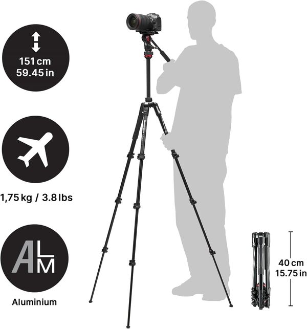 Manfrotto Befree Live, Trépied Vidéo de Voyage en Aluminium, avec Rotule et Fermeture à Levier, Stabilisateur pour Appareils Video, Réflex, Hybride, Compact, Caméscope