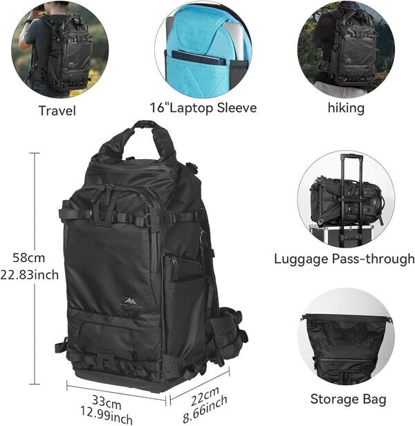 Summit Creative Sac à dos 50L Noir étanche – Sac photo de voyage pour appareil DSLR/SLR/mirrorless, objectifs, trépied, housse pluie, randonnée, compartiment ordinateur portable 16’’