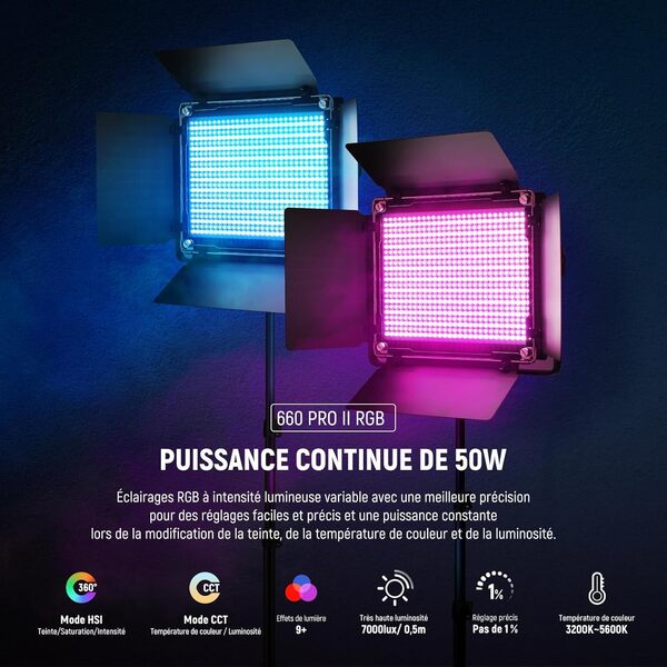 NEEWER 2X amélioré 660 PRO II 50W RVB LED panneau d'éclairage vidéo ensemble trépied avec contrôle par application lumière vidéo 360 ° lumière vidéo photo couleur/CRI97 +/3200K ~ 5600K