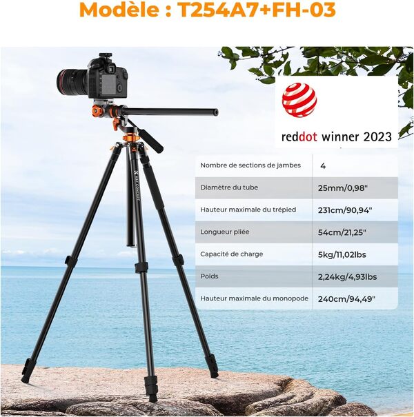 K&F CONCEPT Trépied Vidéo, 231cm Trépied Appareil Photo avec Tête Fluide Inclinaison à 90°/-90°, Horizontal à Colonne Centrale de Rotation à 360°, pour Caméra Vidéo,DSLR, Caméscope -T254A7