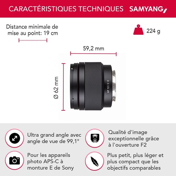 Samyang AF 12 mm F2.0 E pour Sony E - Autofocus APS-C Objectif à focale fixe grand angle pour Sony E Mount APSC