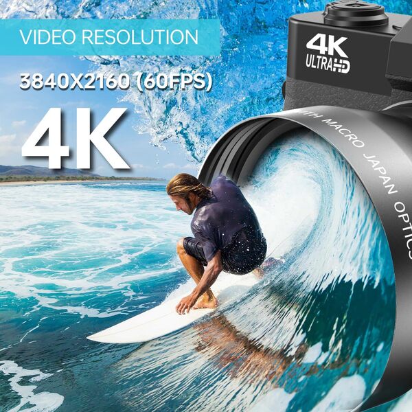 4K Appareil Photo numérique pour Photographie, 56MP Caméra avec Carte 32Go,Écran 3 '' 180° LCD avec 18X Digital Zoom,Objectif Grand Angle et Macro pour Enfant, Adolescent, Étudiant, Débutant
